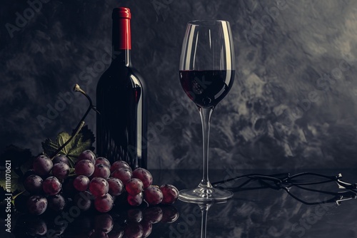 Rustic still life with wine glasses, a bunch of grapes, and atmospheric candlelight