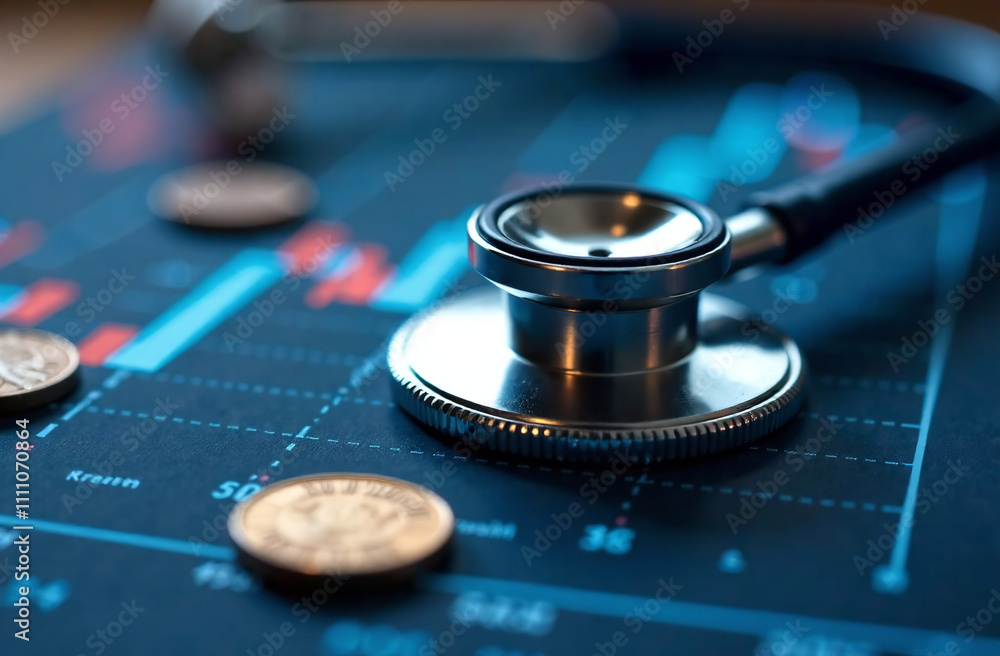 Close-up of a stethoscope and coins on a financial chart, symbolizing healthcare costs, economic analysis, and medical expenses.
Close-up of a stethoscope and coins on a financial chart, symbolizing healthcare costs, economic analysis, and medical expenses.