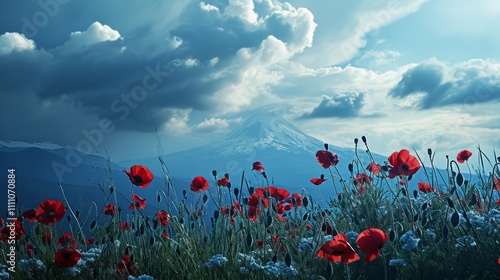 A field of blooming poppies and wildflowers with mountains and a blue cloudy sky in the background