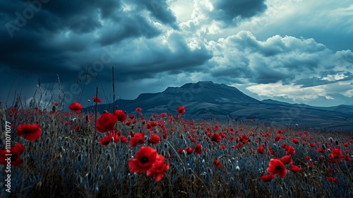 A landscape with red poppies, blue flowers, and mountains in the background surrounded by a cloudy sky