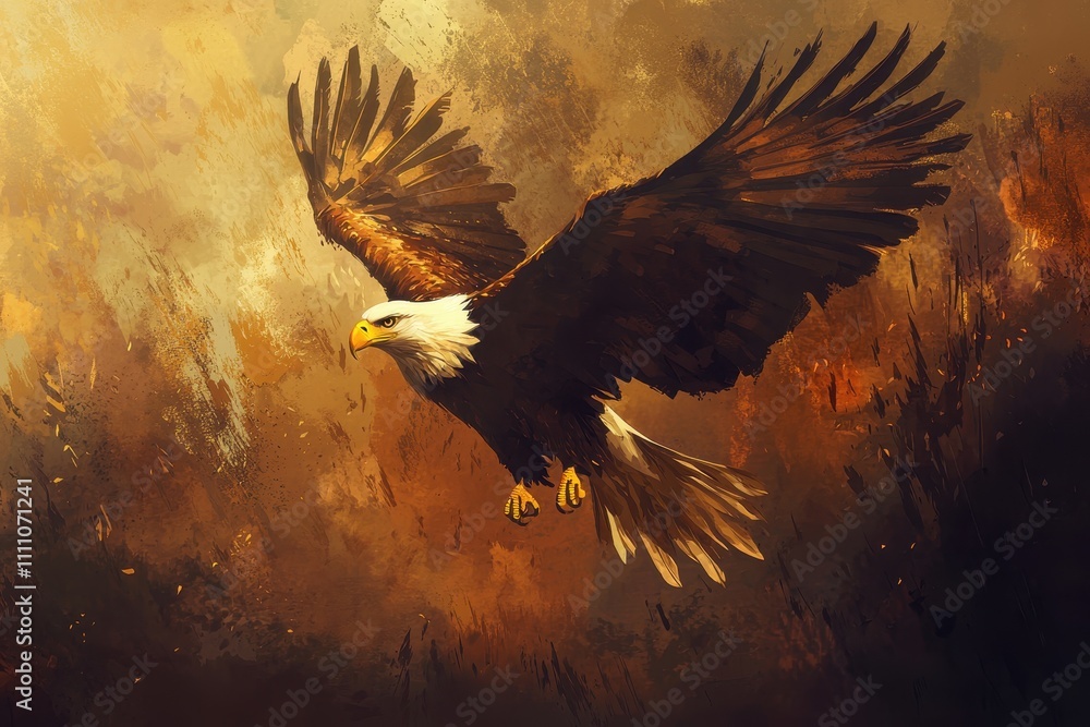 Fototapeta premium A Majestic Bald Eagle Takes Flight Against A Dramatic Backdrop Of Golden Light And Brushstrokes, Evoking A Sense Of Power, Freedom, And Resilience. 