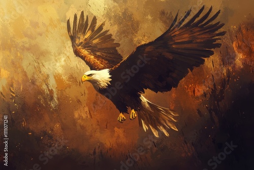 A Majestic Bald Eagle Takes Flight Against A Dramatic Backdrop Of Golden Light And Brushstrokes, Evoking A Sense Of Power, Freedom, And Resilience.  photo