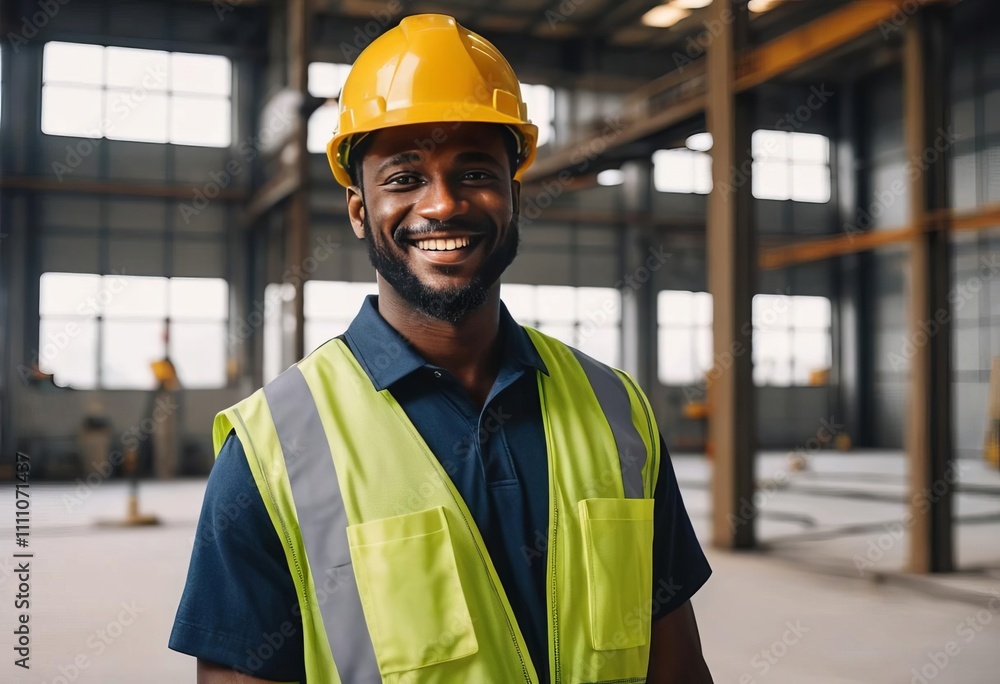A dark-skinned worker with a short beard in a uniform and a construction helmet, smiling against the backdrop of a spacious industrial workshop, embodying heavy industry and pride in his work. A dark-skinned worker with a short beard in a uniform and a construction helmet, smiling against the backdrop of a spacious industrial workshop, embodying heavy industry and pride in his work.