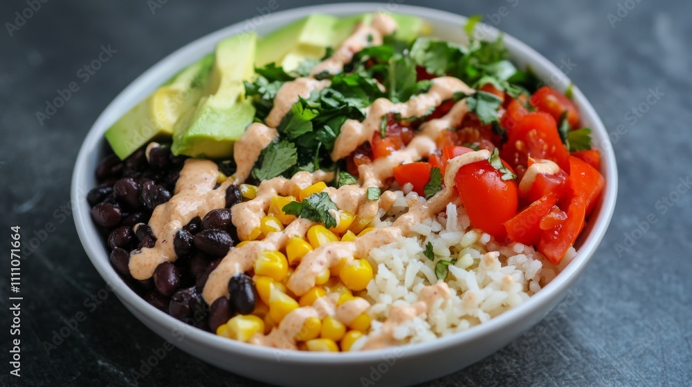Photo of, A vibrant Buddha bowl filled with black beans, corn Photo of, A vibrant Buddha bowl filled with black beans, corn