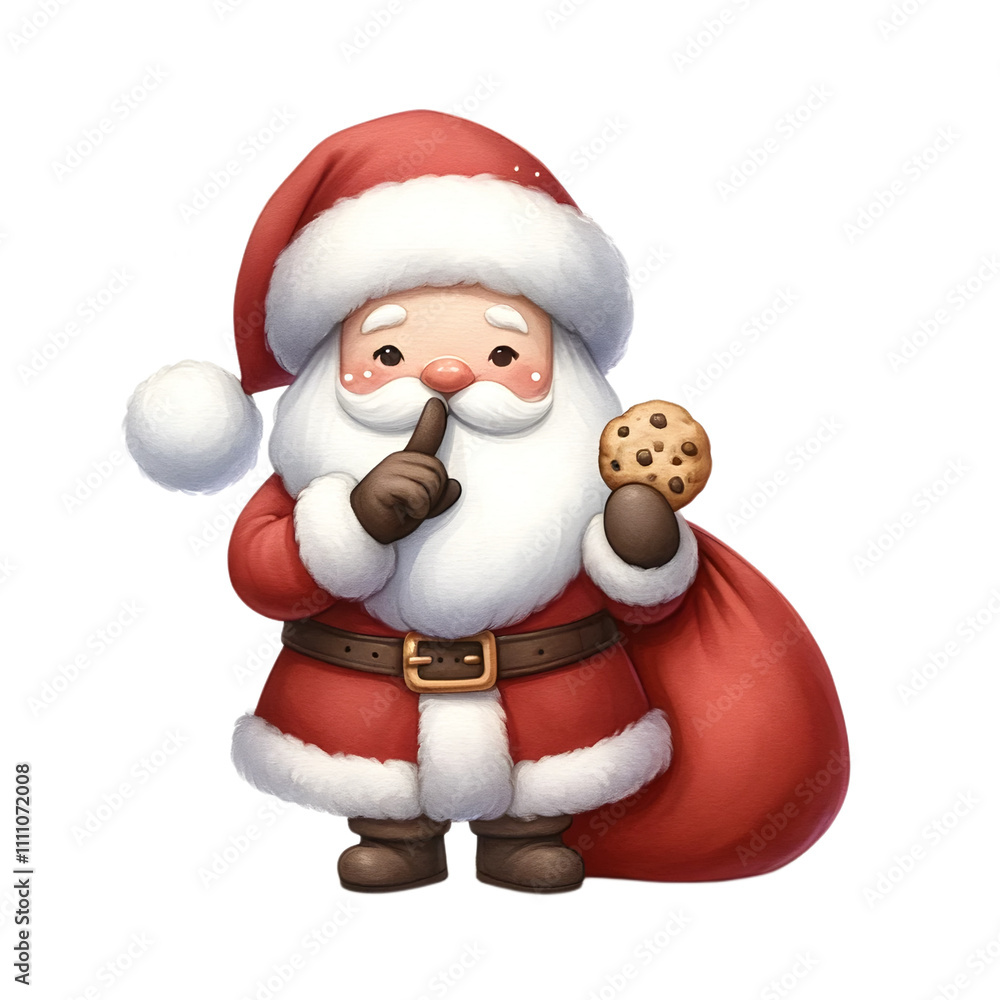 Cheerful Santa Claus Holding a Cookie with a Shushing Gesture Cheerful Santa Claus Holding a Cookie with a Shushing Gesture