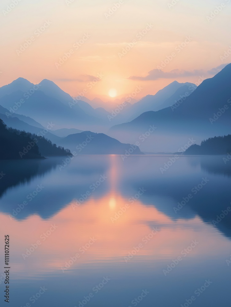 Sunrise paints serene lake. Mountains reflect peacefully on calm water. Misty morning atmosphere creates tranquil landscape. Pastel colors embrace scene. Quiet sunrise over lake is inspiring image. Sunrise paints serene lake. Mountains reflect peacefully on calm water. Misty morning atmosphere creates tranquil landscape. Pastel colors embrace scene. Quiet sunrise over lake is inspiring image.