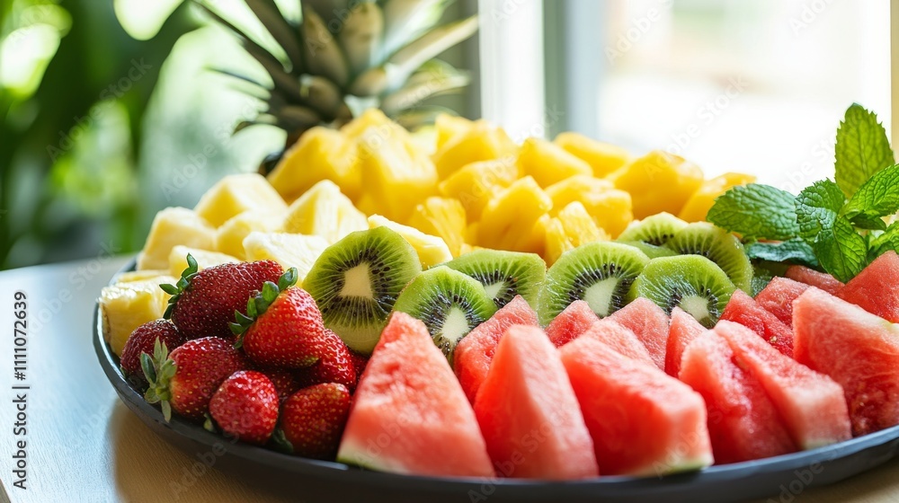 Photo of, A vibrant fruit platter showcasing sliced watermelon, juicy pineapple Photo of, A vibrant fruit platter showcasing sliced watermelon, juicy pineapple