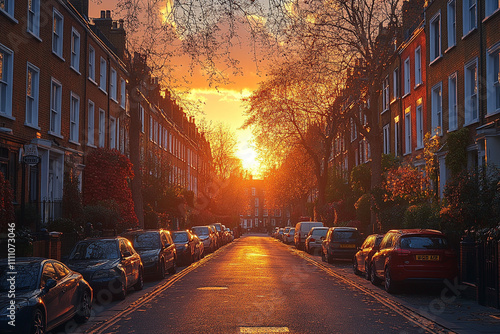 Golden Sunset Illuminates Residential Street Scene