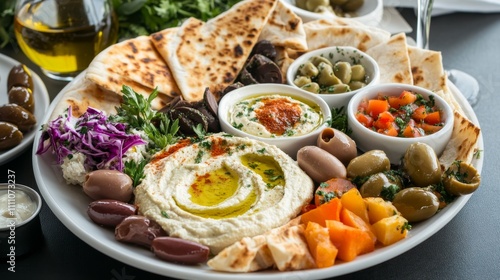 Photo of, A vibrant Greek mezze platter with hummus, tzatziki