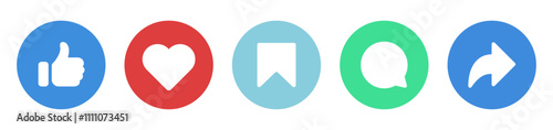 Like, comment, share icon button set. Social media notification icons : Thumbs up and love heart flat icon , social network user interface flat icons, post reactions. Vector illustration