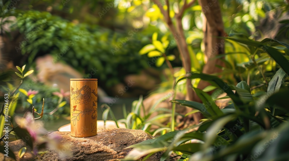 A decorative bamboo cylinder sits on a rock in a lush green garden with a stream in the background. A decorative bamboo cylinder sits on a rock in a lush green garden with a stream in the background.