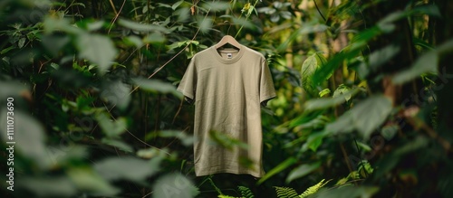 A plain, light green t-shirt hanging from a wooden hanger in a lush green forest.