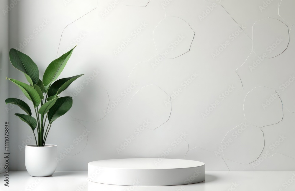Stylish minimalist mockup scene. Blank display podium with green houseplant in white pot. Light, simple interior design style. Modern template for product presentation. Ideal for nature themed