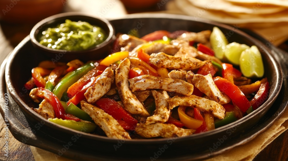 Photo of, A vibrant plate of chicken fajitas with sizzling strips of chicken, bell peppers Photo of, A vibrant plate of chicken fajitas with sizzling strips of chicken, bell peppers