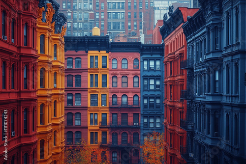 Colorful Townhouses Line A City Street In Autumn