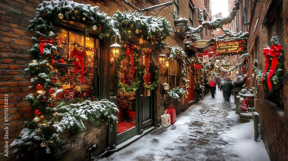 Fototapeta premium A Snowy, Festive Alleyway with Christmas Decorations and Shoppers
