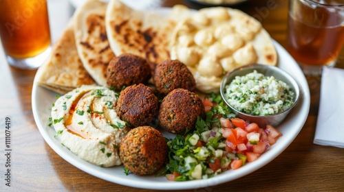 Photo of, A vibrant plate of Mediterranean falafel with hummus, tabbouleh