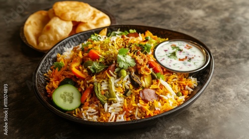 Photo of, A vibrant plate of vegetable biryani with fragrant basmati rice, mixed vegetables