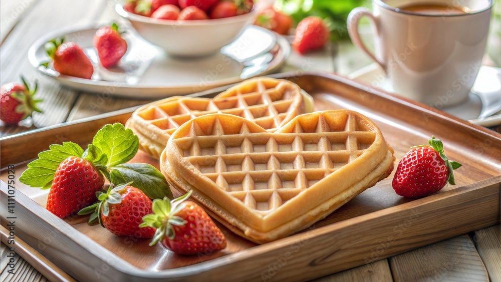 Heart-shaped waffles with strawberries, Valentine's Day. Heart-shaped waffles with strawberries, Valentine's Day.