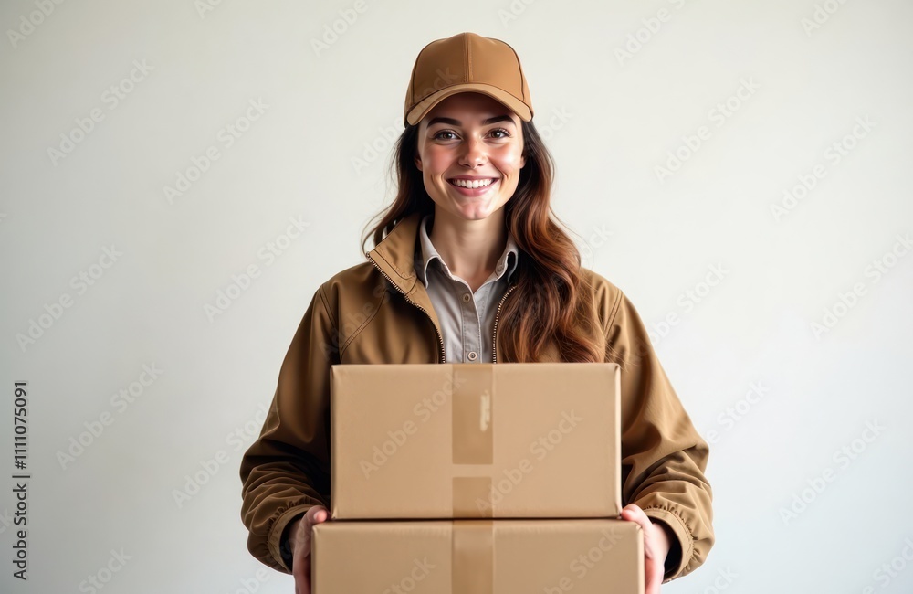 Happy female courier holding two cardboard boxes. Woman wears brown jacket, cap. Smiling, delivering online orders. Friendly courier in uniform carrying packages. Modern delivery service. Efficient Happy female courier holding two cardboard boxes. Woman wears brown jacket, cap. Smiling, delivering online orders. Friendly courier in uniform carrying packages. Modern delivery service. Efficient