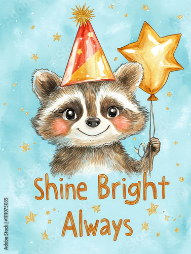 Charming New Year Illustrations with cheerful raccoon wearing a shiny party hat, holding a star-shaped balloon: Wallpapers, T-shirts, Posters & Decor photo