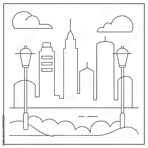 Modern urban line art building design with clean lines on white background
