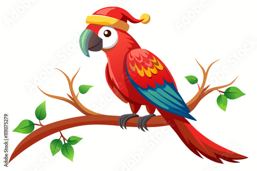 red macaw perched parrot with a Santa hat. a tree branch on a white background.