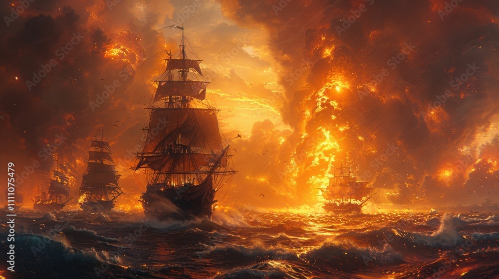 A painting of a ship in a fiery ocean with a few birds flying in the background A painting of a ship in a fiery ocean with a few birds flying in the background