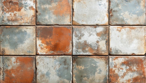 A close-up of a distressed tile wall with varying shades of white, brown, and gray. photo