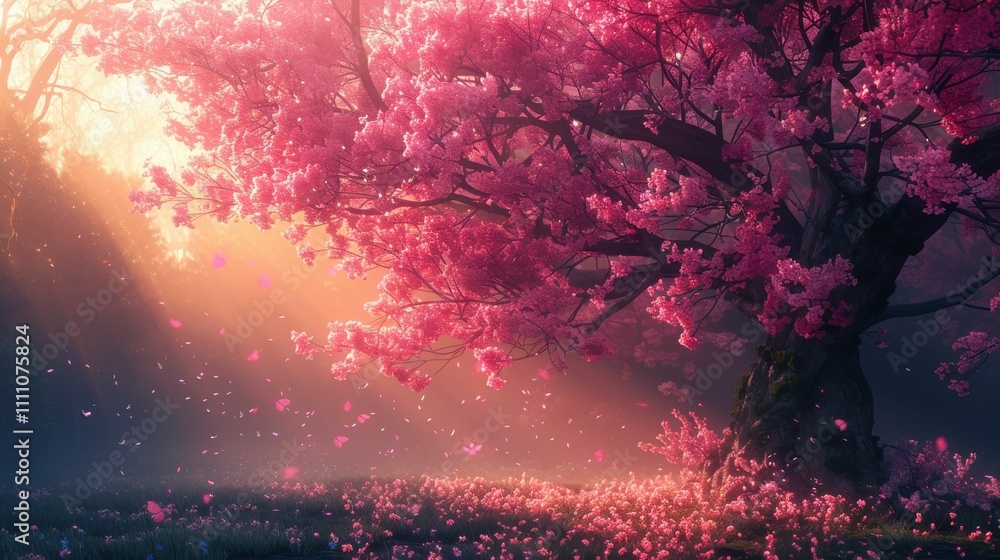 Fototapeta premium A tree with pink blossoms is the main focus of the image