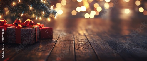 Christmas background with gift boxes under Christmas tree, blurred lights and bokeh on dark wooden floor. New Year's concept. 