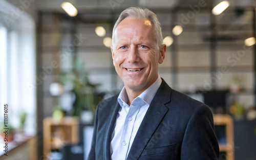 50-year-old happy mid-aged older businessman executive standing in an office.