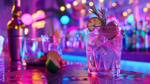 Chic bar scene  chilled beers and elegant gin tonics amidst vibrant disco lights and modern d  cor photo