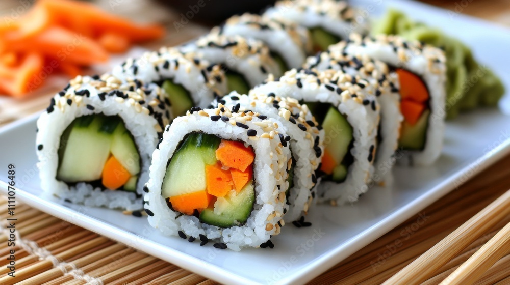 Photo of, A vibrant plate of vegetable sushi rolls filled with cucumber, avocado Photo of, A vibrant plate of vegetable sushi rolls filled with cucumber, avocado