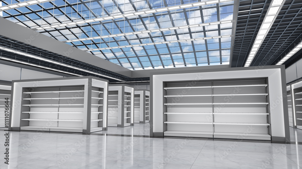 Sales area mockup with empty shelves and transparent roof overlooking the blue sky with clouds. 3d illustration Sales area mockup with empty shelves and transparent roof overlooking the blue sky with clouds. 3d illustration
