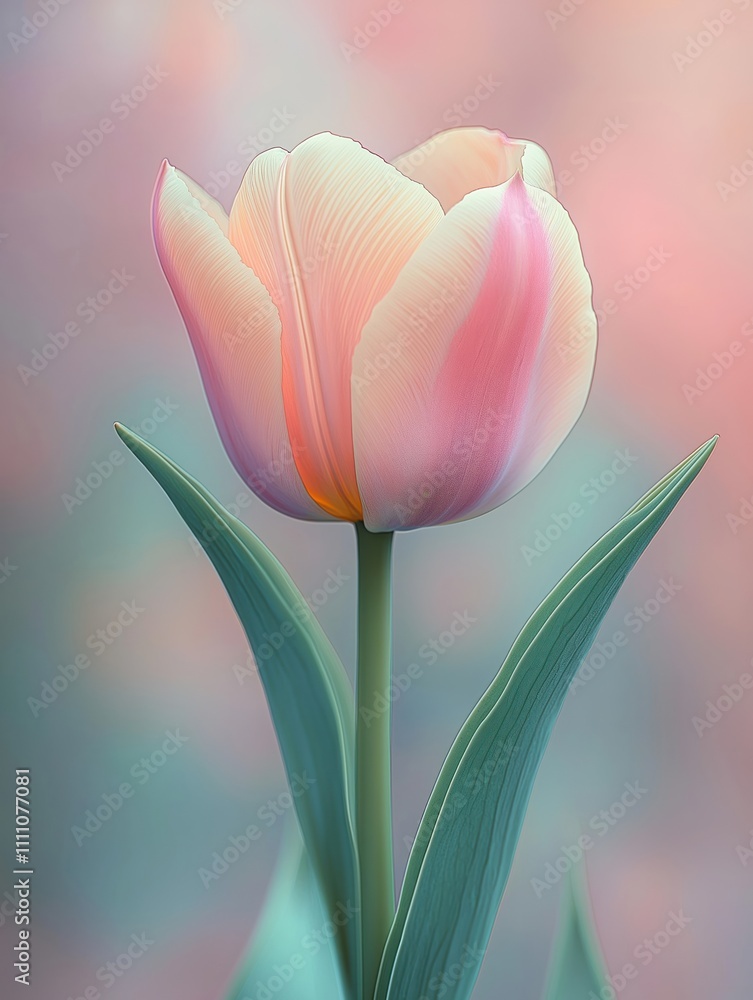 Closeup view of beautiful pink tulip. Delicate petals show soft pink, pale yellow hues. Fresh green leaves tulip. Soft pastel colors create springtime feel. Perfect for spring flower themes. Closeup view of beautiful pink tulip. Delicate petals show soft pink, pale yellow hues. Fresh green leaves tulip. Soft pastel colors create springtime feel. Perfect for spring flower themes.
