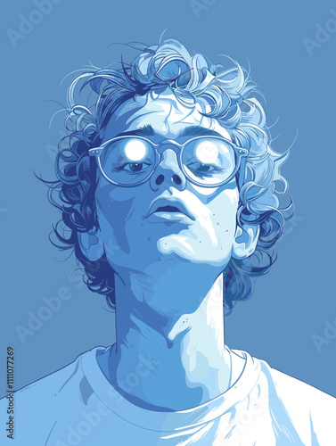Portrait of a man with glasses on a blue background. Vector illustration