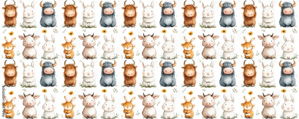 Fototapeta premium seamless pattern of Adorable watercolor farm animals brown white cute bunny calf children's illustration spring
