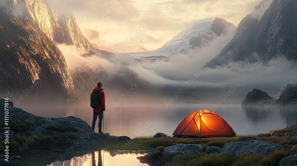 Fototapeta premium Adventurer gazing across a misty lake, glowing tent beside them, mountains shrouded in clouds.