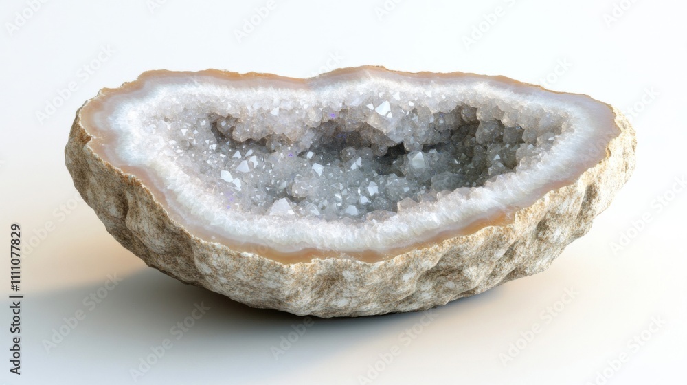 A Cut-Open Geode with White Crystals and a Brown Outer Shell A Cut-Open Geode with White Crystals and a Brown Outer Shell
