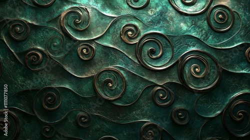 Abstract Metallic Green Background with Spirals and Wavy Lines