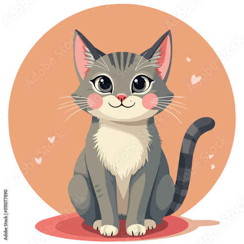 vector illustration of a cute gray kitten on a round background with hearts