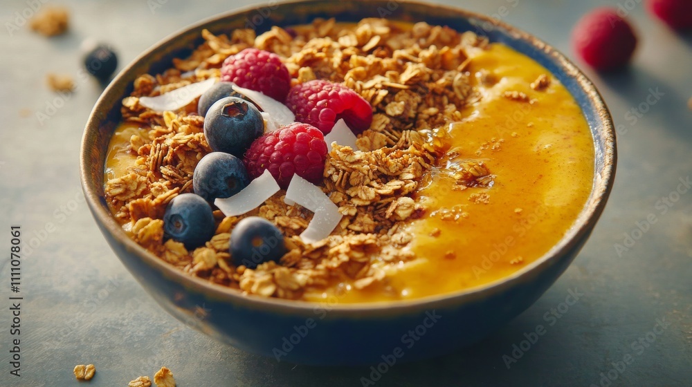 Photo of, A vibrant smoothie bowl topped with granola, fresh berries Photo of, A vibrant smoothie bowl topped with granola, fresh berries