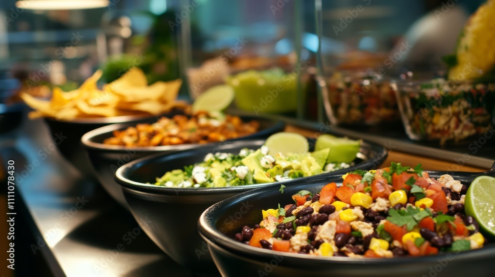 Photo of, A vibrant taco bowl station with options like chipotle chicken, black beans Photo of, A vibrant taco bowl station with options like chipotle chicken, black beans