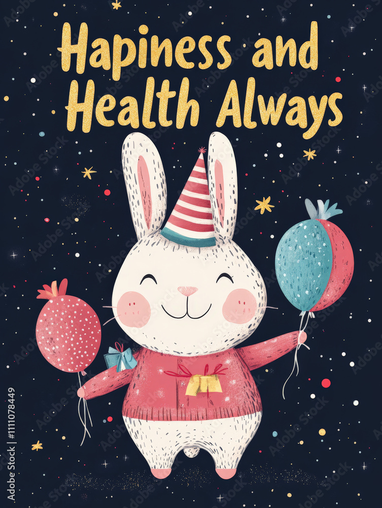 Fototapeta premium Charming New Year Illustrations with cheerful bunny wearing festive outfits, holding balloons and party hats: Wallpapers, T-shirts, Posters & Decor
