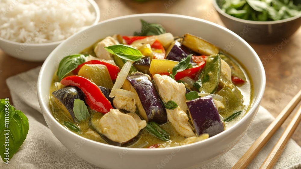Photo of, A vibrant Thai green curry with chicken, eggplant Photo of, A vibrant Thai green curry with chicken, eggplant