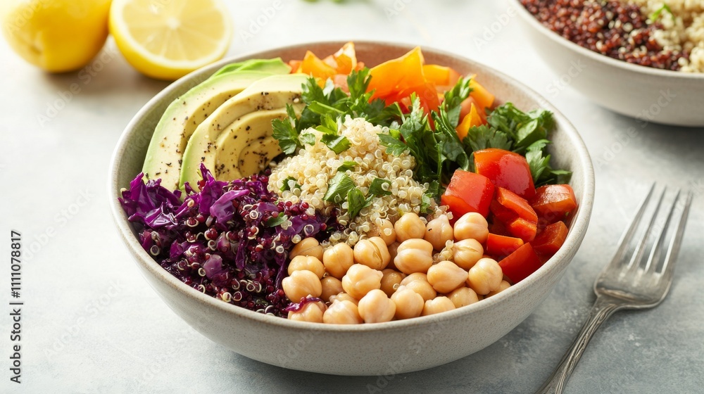 Photo of, A vibrant vegan Buddha bowl with quinoa, avocado Photo of, A vibrant vegan Buddha bowl with quinoa, avocado