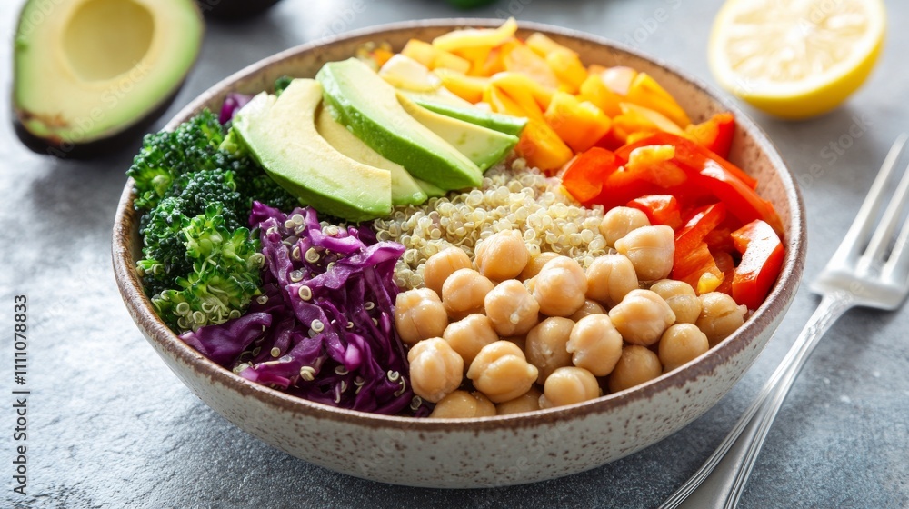 Photo of, A vibrant vegan Buddha bowl with quinoa, avocado Photo of, A vibrant vegan Buddha bowl with quinoa, avocado
