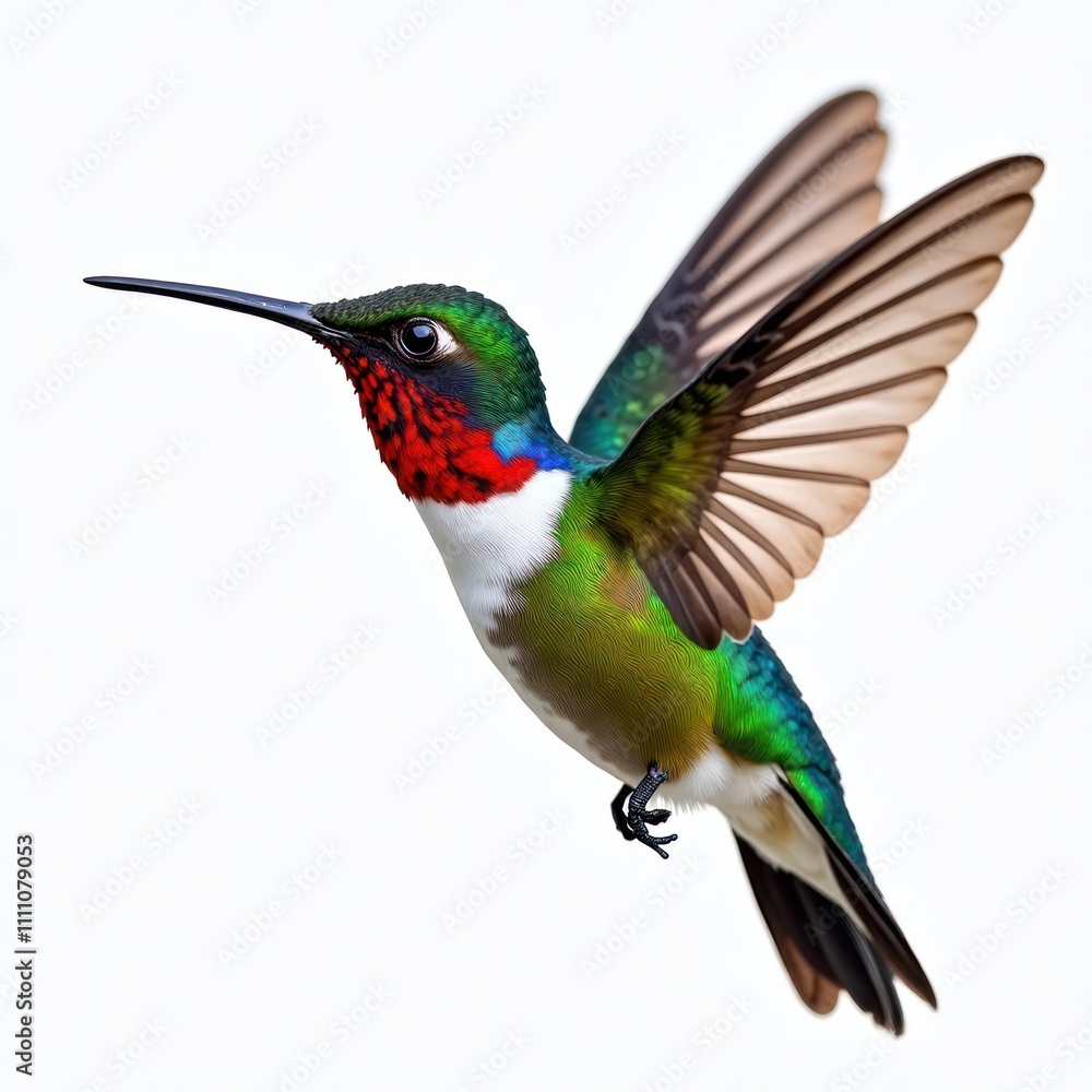 Fototapeta premium Colorful hummingbird in flight against white background. Vivid vibrant colors. Exotic bird in action. Fast speed, dynamic movement. Nature wildlife photo. Beautiful bird. Animal kingdom. Tropical