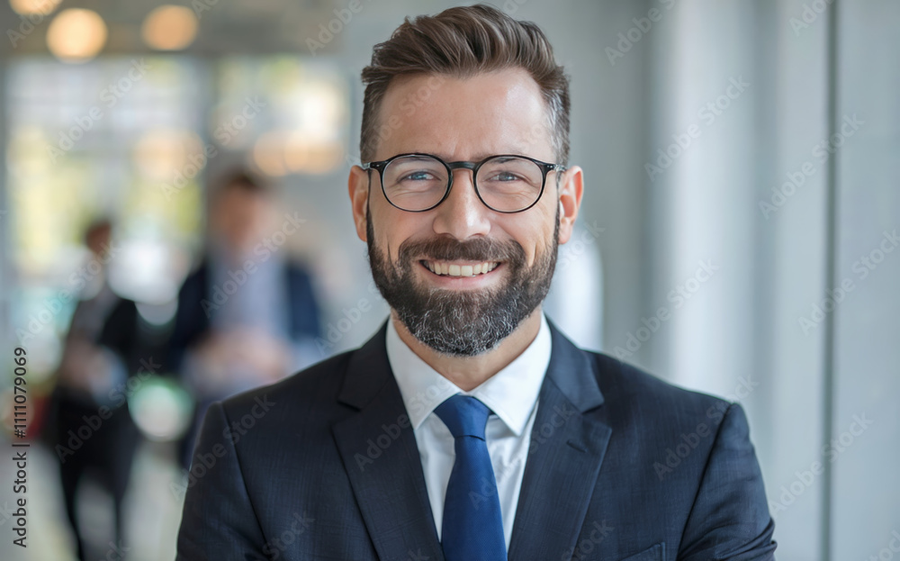 Middle-aged, bearded professional business man in a suit. He has a happy smile and is wearing glasses Middle-aged, bearded professional business man in a suit. He has a happy smile and is wearing glasses